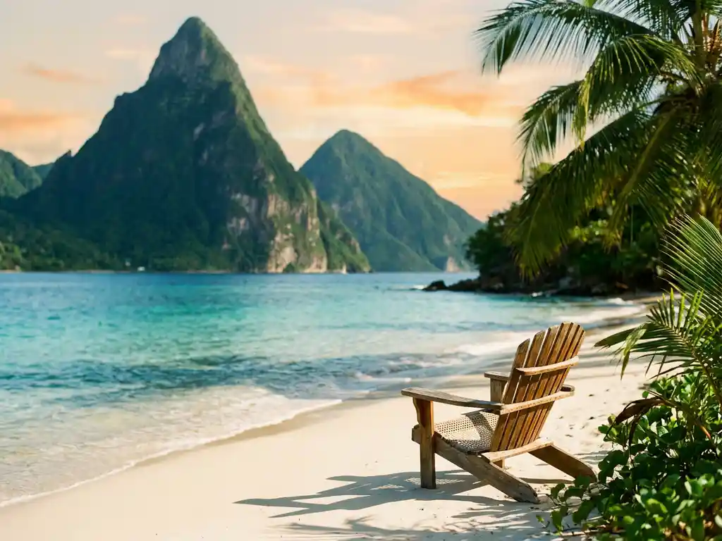 Wit zandstrand op Saint Lucia met turquoise Caribisch water, weelderige palmen en vulkanische bergtoppen in gouden avondlicht.