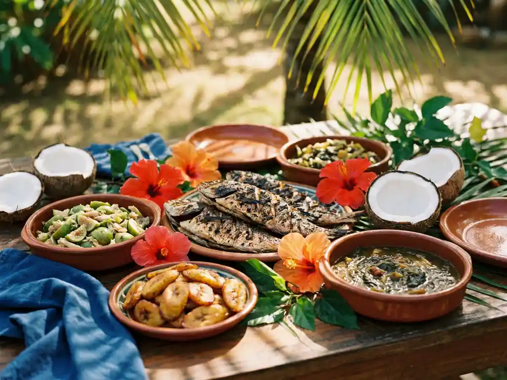Traditionele Saint Luciaanse gerechten op rustiek houten tafel: gegrilde vis, groene vijgen met zoutvis, gebakken plantains en callaloo soep.