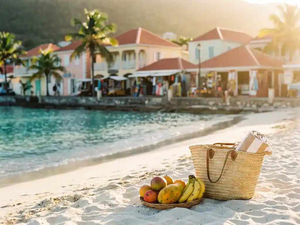 Turquoise Caribisch water bij een zonnig Saint-Martin strand met gevlochten reistas, tropisch fruit en kleurrijke Franse dorpsstraat op de achtergrond.