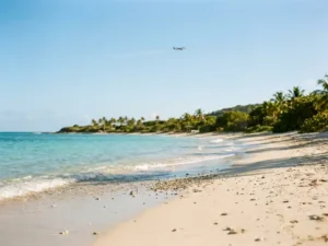 Wit zandstrand op Saint-Martin met turquoise water, weelderige kustlijn en een vliegtuig hoog in de heldere blauwe lucht.