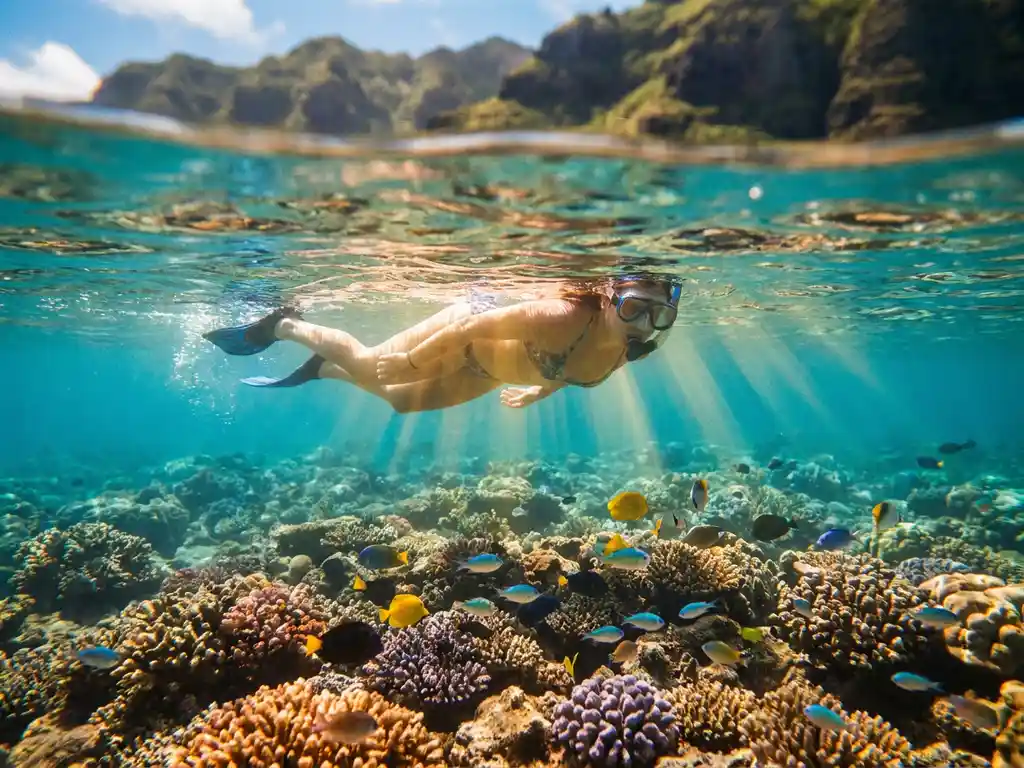Snorkelaar zwemt boven levendig koraalrif met tropische vissen in turquoise water, vulkanische kliffen op de achtergrond.