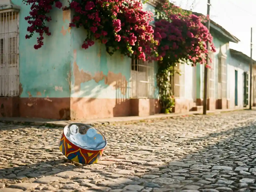 Stalen pandrum op zongebleekte kasseien in een kleurrijke koloniale straat in Trinidad, met magenta bougainvillea en pastelkleurige gevels op de achtergrond.