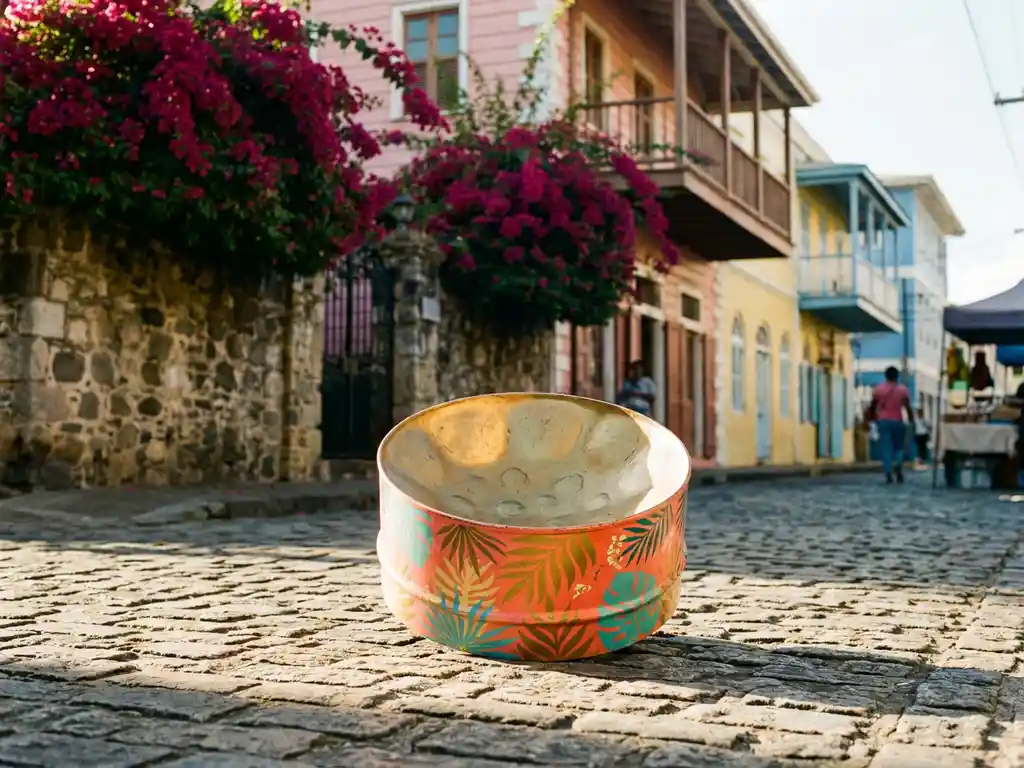 Stalen steelpan drum op zonbeschenen kasseien in Port of Spain, omgeven door magenta bougainvillea en pastelkleurige koloniale gevels.