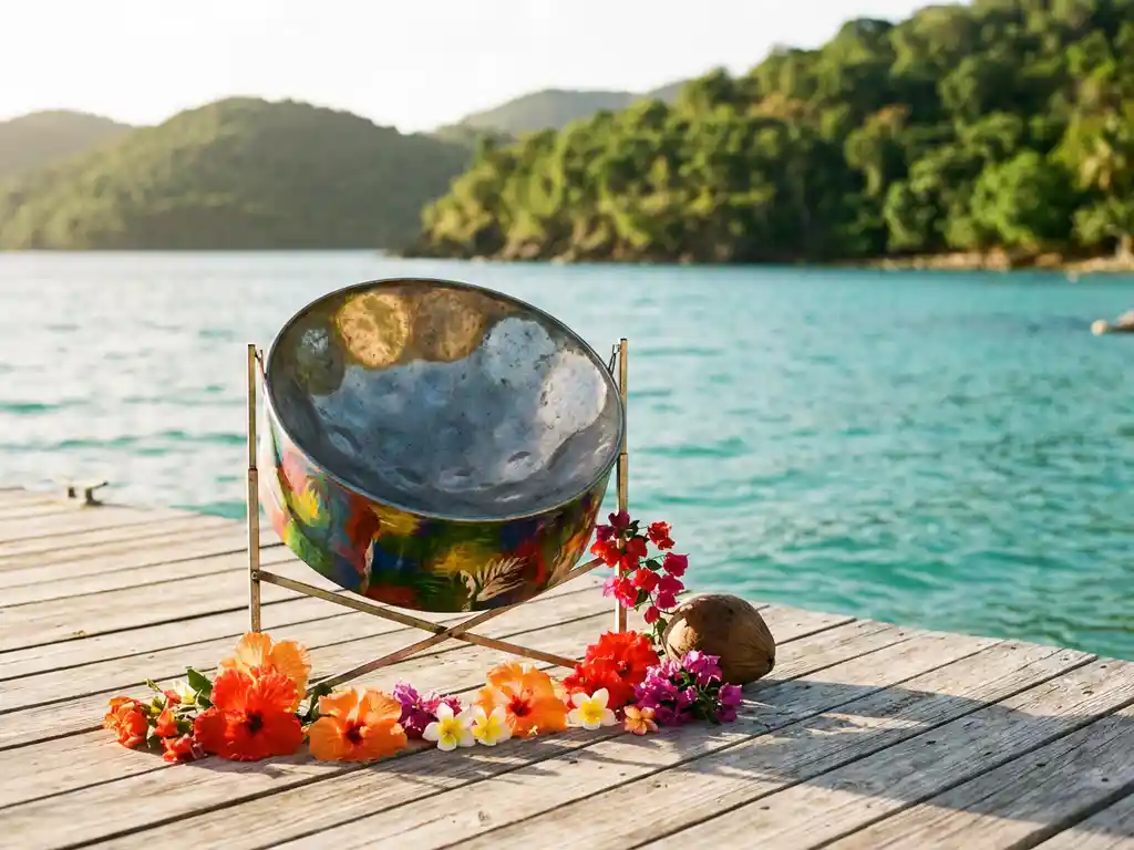 Stalen steeldrum op verbleekte houten steiger met tropische bloemen en kokosnoot, turquoise Caribisch water en groene heuvels op achtergrond.