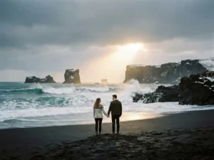 Stel hand in hand op zwart vulkanisch strand in IJsland, met gouden zonnestraal door bewolkte lucht en besneeuwde basaltrotsen op achtergrond.