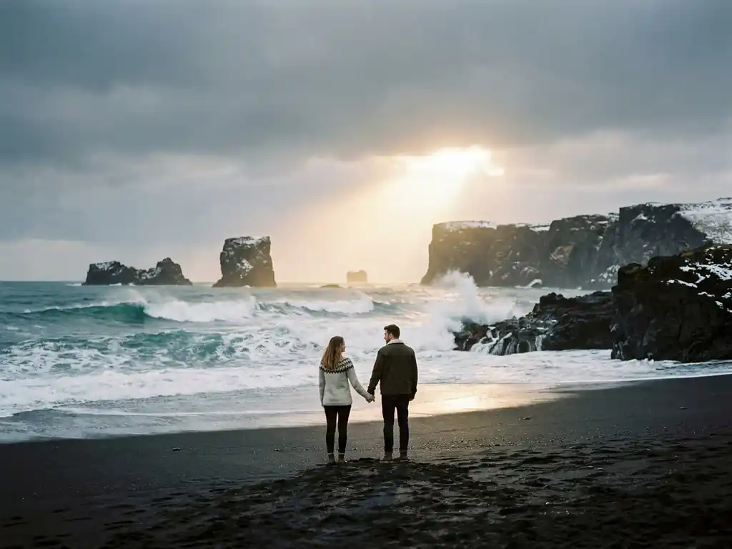 Stel hand in hand op zwart vulkanisch strand in IJsland, met gouden zonnestraal door bewolkte lucht en besneeuwde basaltrotsen op achtergrond.