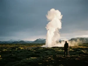 Strokkur-geiser in volle uitbarsting met hoge stoomkolom boven IJslands lavaveld, eenzame reiziger op de voorgrond, besneeuwde bergen op achtergrond.