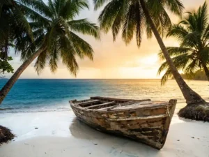 Houten vissersboot op wit zandstrand van Tobago, omgeven door palmbomen en turquoise Caribische zee in gouden middagzon.