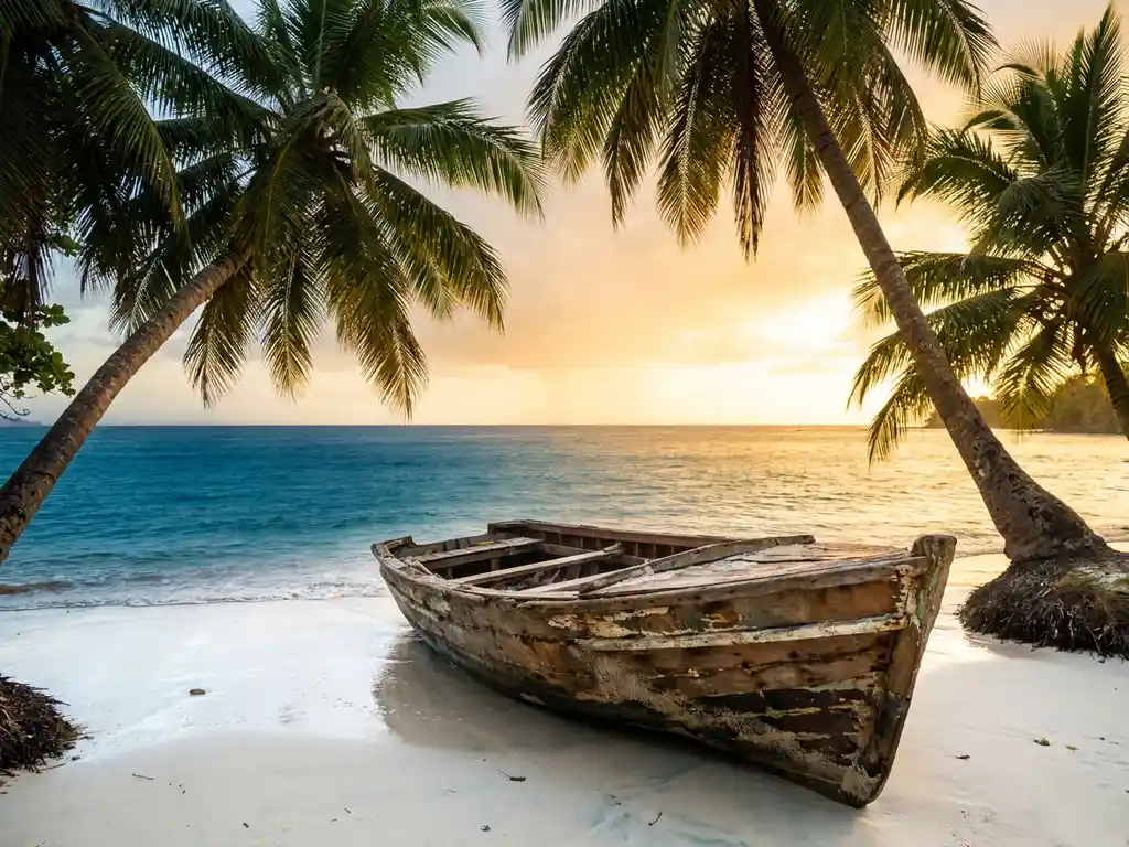 Houten vissersboot op wit zandstrand van Tobago, omgeven door palmbomen en turquoise Caribische zee in gouden middagzon.