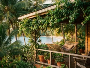 Kleine guesthouse op Tobago met houten veranda, tropische planten en hangmat, turquoise Caribische zee op de achtergrond.