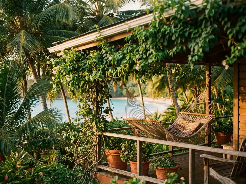 Kleine guesthouse op Tobago met houten veranda, tropische planten en hangmat, turquoise Caribische zee op de achtergrond.