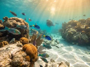 Kleurrijk koraalrif met tropische vissen rond rotsformaties in Tobago, duiker op de achtergrond in helder turquoise water.