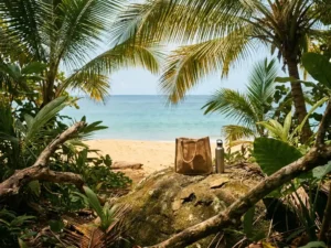 Tobago regenwoudpad dat uitkomt op een turquoise Caribisch strand, met een herbruikbare waterfles en geweven tas op een zonwarme rots, omgeven door tropisch gebladerte.