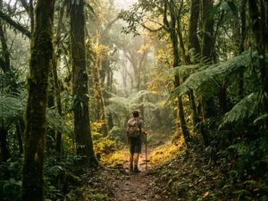 Wandelaar op smal pad in Tobago's regenwoud, omgeven door bemoste bomen en varens, met goudkleurig zonlicht door het bladerdak.