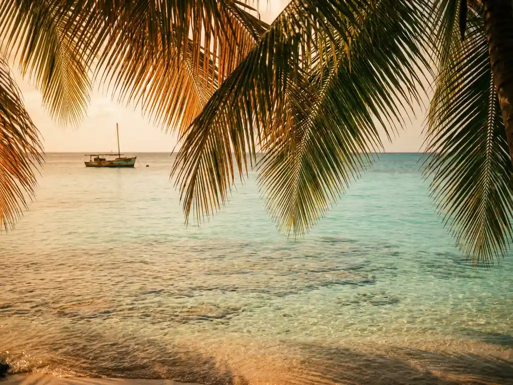 Turkooizen baai in Tobago met palmbomen, helder ondiep water boven koraalzandig zeebodem en een houten visserboot op de achtergrond.