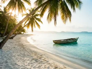 Turquoise baai op Tobago met wit zandstrand, leunende palmbomen en een houten vissersboot in helder Caribisch water.