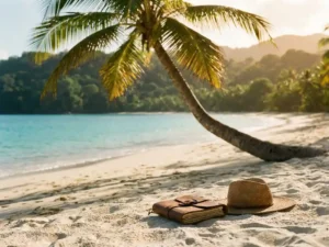 Wit zandstrand op Tobago met turquoise Caribisch water, leunende palmboom, leren reisdagboek en strohoed op de voorgrond bij gouden zonsondergang.