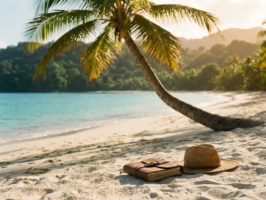 Wit zandstrand op Tobago met turquoise Caribisch water, leunende palmboom, leren reisdagboek en strohoed op de voorgrond bij gouden zonsondergang.