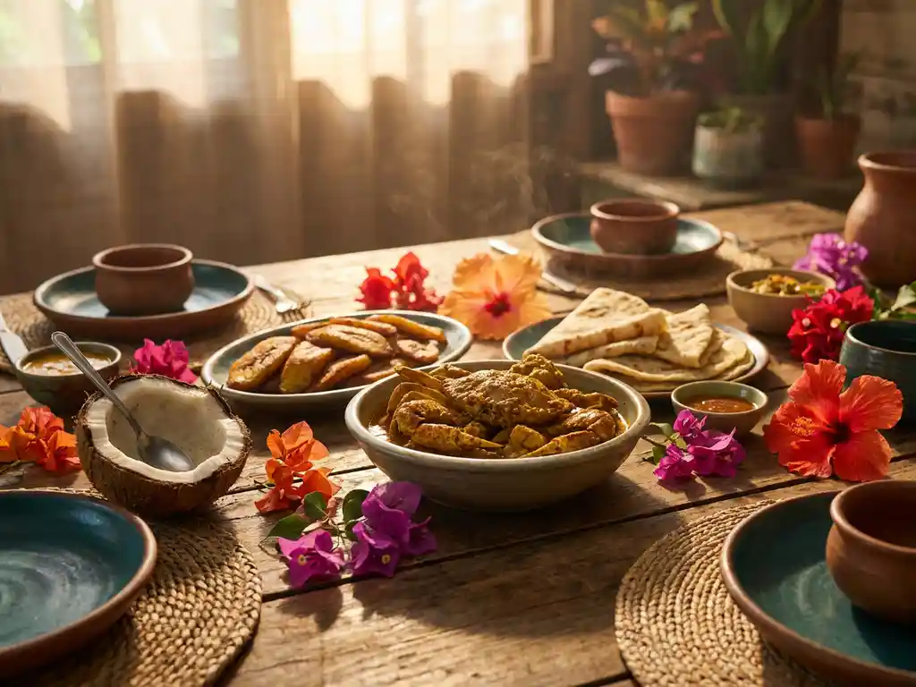 Rustieke houten tafel met Tobagaanse gerechten: curried crab, gebakken plantain en roti, versierd met tropische bloemen en kokos.