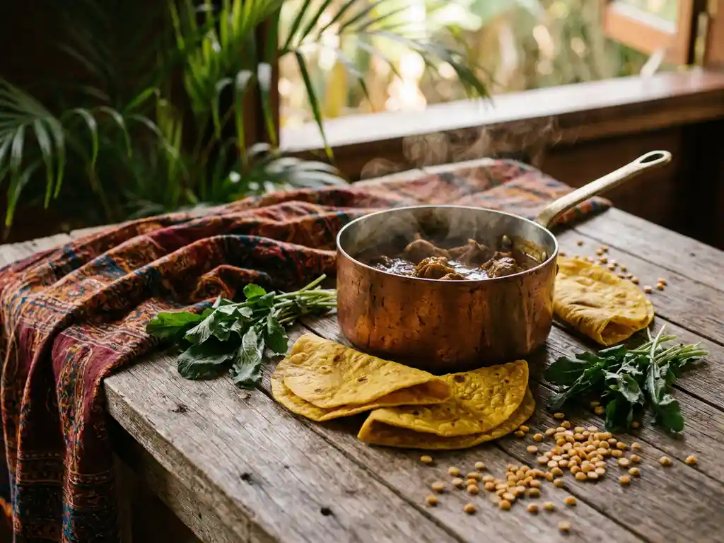 Dampende koperen pot met rijke curry, omringd door saffraangele roti, verse chado beni en gele spliterwten op een houten tafel met Indiaas-Trinidadiaans textiel.