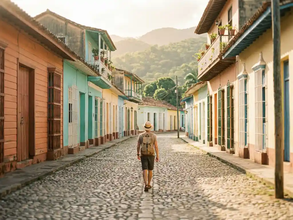 Reiziger met rugzak op een zonnige kasseienstraat in Trinidad, Cuba, omgeven door pastelkleurige koloniale houten huizen en groene heuvels.