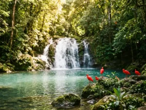 Tropische waterval in Trinidad stroomt in turquoise plas, scarlet ibissen op bemoste rotsen, gouden zonlicht door weelderig bladerdak.