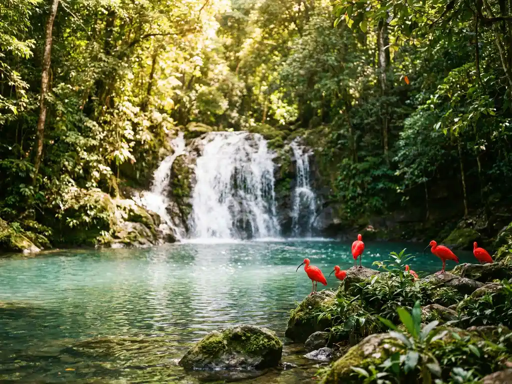 Tropische waterval in Trinidad stroomt in turquoise plas, scarlet ibissen op bemoste rotsen, gouden zonlicht door weelderig bladerdak.