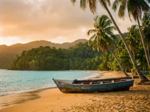 Houten visserboot op goudkleurig zandstrand in Trinidad, omgeven door palmbomen en turquoise Caribisch water met weelderige jungle heuvels op de achtergrond.