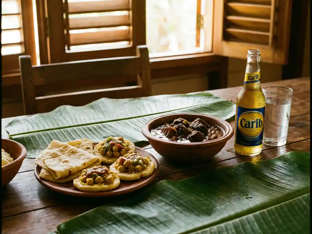 Traditionele Trinidadiaanse gerechten: doubles, roti en pepper pot stew op verweerd hout met bananenbladeren en Carib-bier.