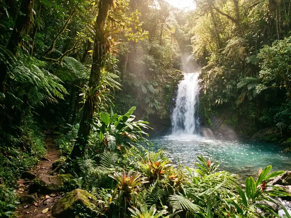 Waterval in Guadeloupe die neerstort in een turquoise pool, omgeven door weelderig regenwoud met varens en exotische bloemen.