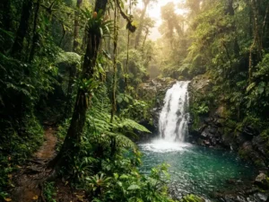 Tropische waterval over zwart vulkanisch gesteente in een kristalhelder smaragdgroen bassin, omgeven door ongerepte regenwoudbegroeiing.