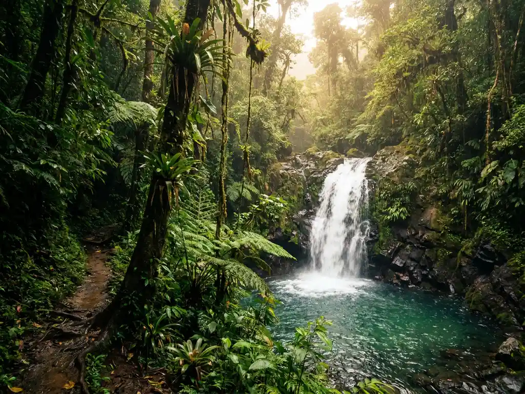 Tropische waterval over zwart vulkanisch gesteente in een kristalhelder smaragdgroen bassin, omgeven door ongerepte regenwoudbegroeiing.