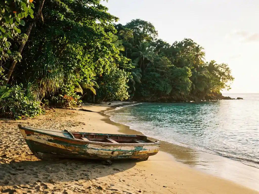 Verweerd houten vissersboot op goudkleurig zand, omgeven door tropisch junglegroen en turquoise Caribisch water bij gouden uur.