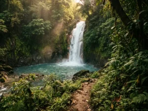 Tropische waterval die neerstort in een kristalhelder bassin, omringd door weelderig regenwoud en vulkanische rotsen, met een slingerend wandelpad op de voorgrond.