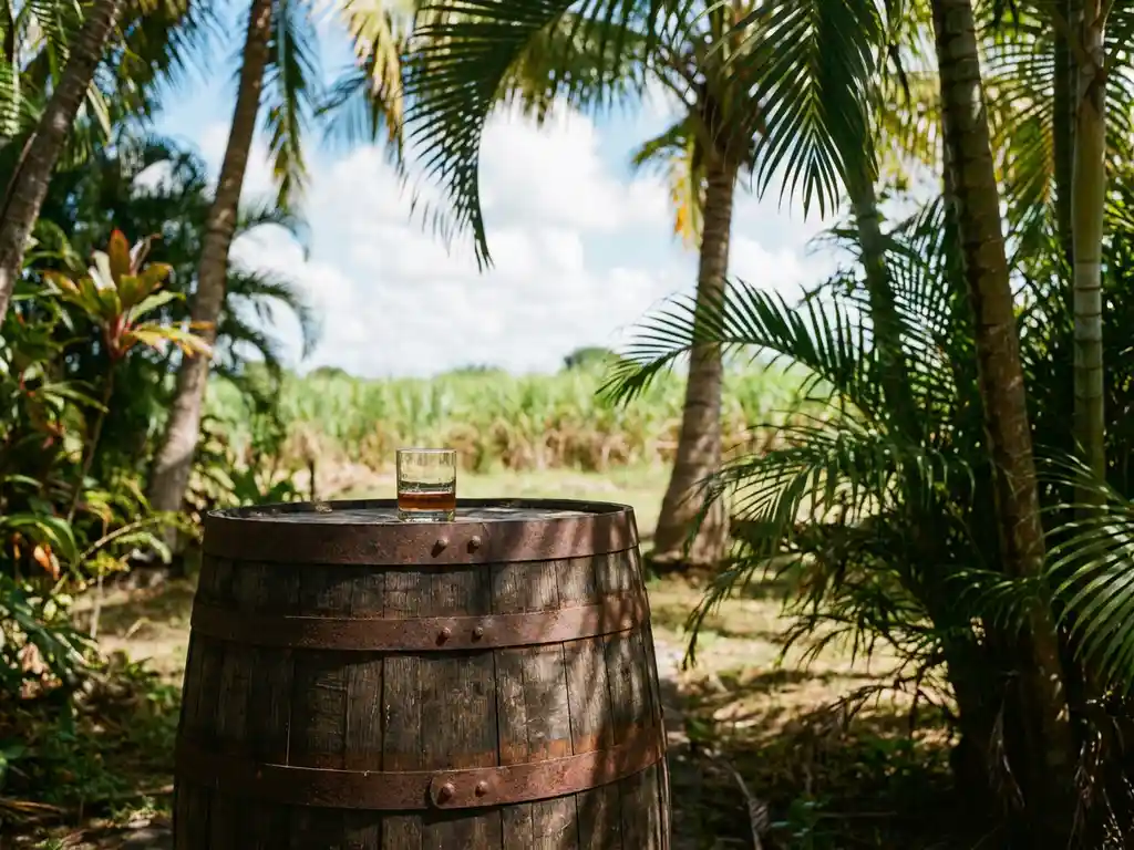 Verweerde houten vat in een tropische distilleerderij met een glas rhum agricole, suikerrietvelden en Caribische lucht op de achtergrond.