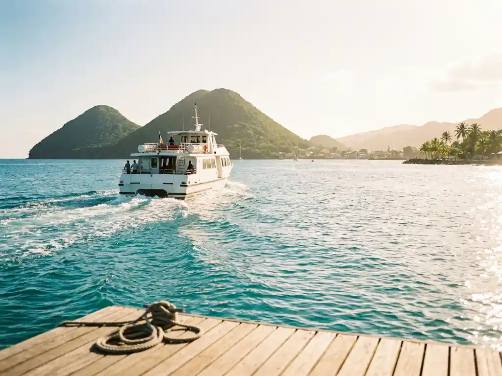 Witte passagiersveerboot op turquoise Caribisch water bij Martinique, met palmbomen langs de kust in warm middagzonlicht.