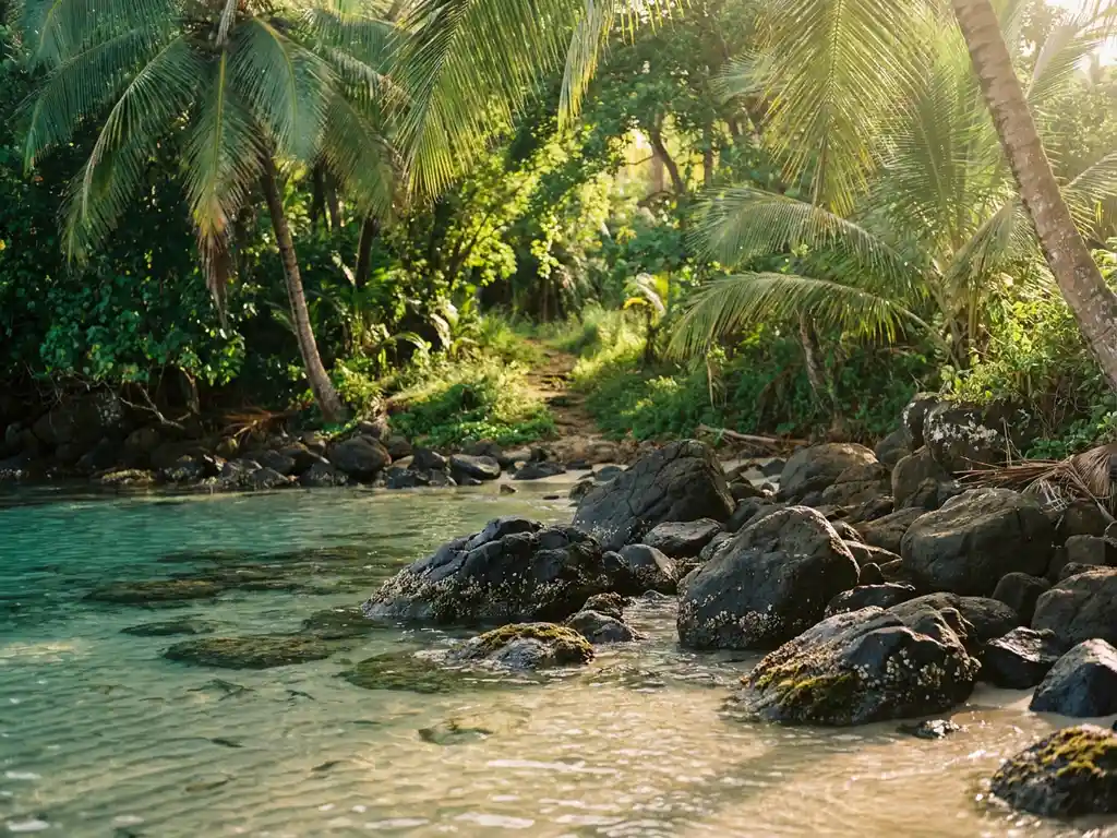 Verborgen turquoise inham op Tobago omgeven door weelderig junglegebladerte en vulkanische rotsen op het voorplan.