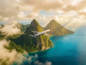 Vliegtuig boven de turquoise Caribische zee bij Saint Lucia's Piton-toppen, omgeven door weelderig groen regenwoud en gouden zonlicht.