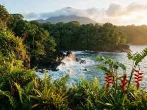 Weelderige kust van een Caribisch vulkanisch eiland met heliconia-bloemen, zwarte basaltrotsen en turquoise golven bij gouden-uurlicht.