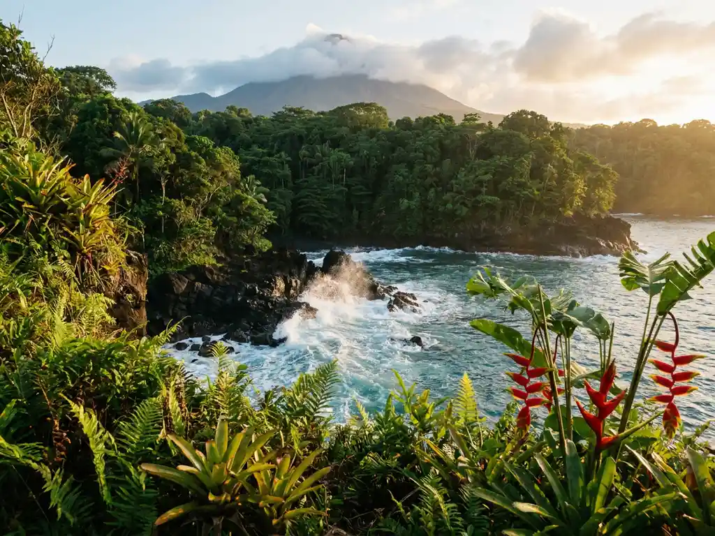 Weelderige kust van een Caribisch vulkanisch eiland met heliconia-bloemen, zwarte basaltrotsen en turquoise golven bij gouden-uurlicht.