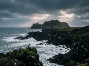 Eenzame papegaaiduiker op zwarte lavakliffen van een IJslands vulkaaneiland, omgeven door stormachtige Atlantische golven en bewolkte lucht.