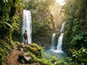 Wandelaar aan de rand van een jungle waterval op Dominica, omgeven door weelderig regenwoud en mist boven een turquoise poel.
