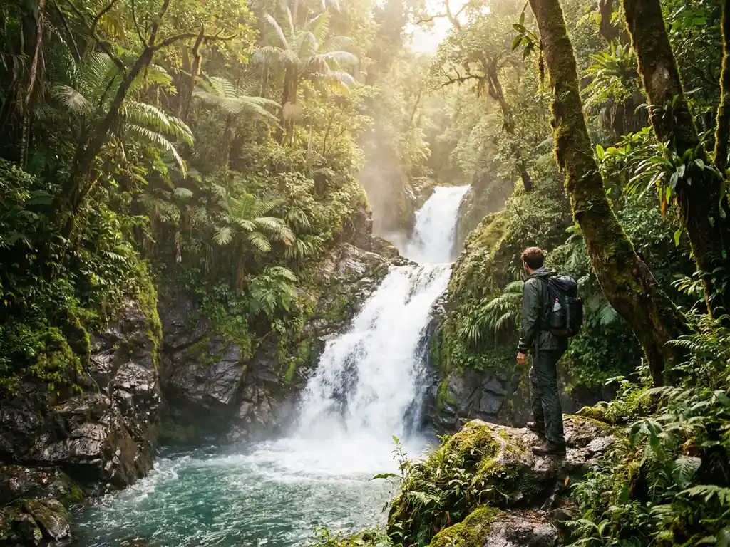 Wandelaar aan de rand van een mistige waterval in het regenwoud van Dominica, omringd door weelderig groen en vulkanische rotsen.