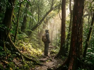 Wandelaar op een mistig junglepad in het regenwoud van Martinique, omringd door varens, mahoniebomen en gouden lichtstralen.