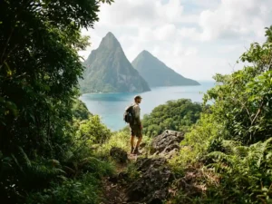 Wandelaar op vulkanisch pad in Saint Lucia met de Pitons die oprijzen uit turquoise Caribisch water, omgeven door tropisch regenwoud.