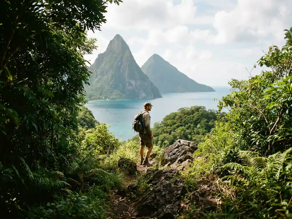 Wandelaar op vulkanisch pad in Saint Lucia met de Pitons die oprijzen uit turquoise Caribisch water, omgeven door tropisch regenwoud.