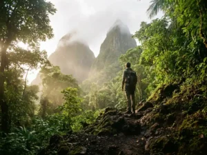 Wandelaar op vulkanisch pad kijkt omhoog naar de Pitons-bergtoppen boven weelderig regenwoud in Saint Lucia.