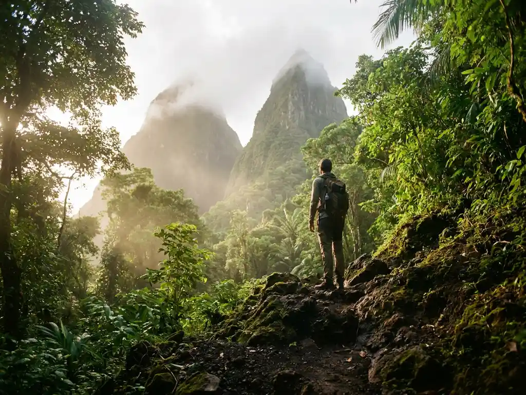 Wandelaar op vulkanisch pad kijkt omhoog naar de Pitons-bergtoppen boven weelderig regenwoud in Saint Lucia.