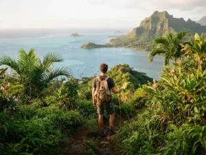 Wandelaar met rugzak op vulkanisch junglepad in Martinique, met uitzicht op turquoise Caribische baai omlijst door varens en palmbladeren.
