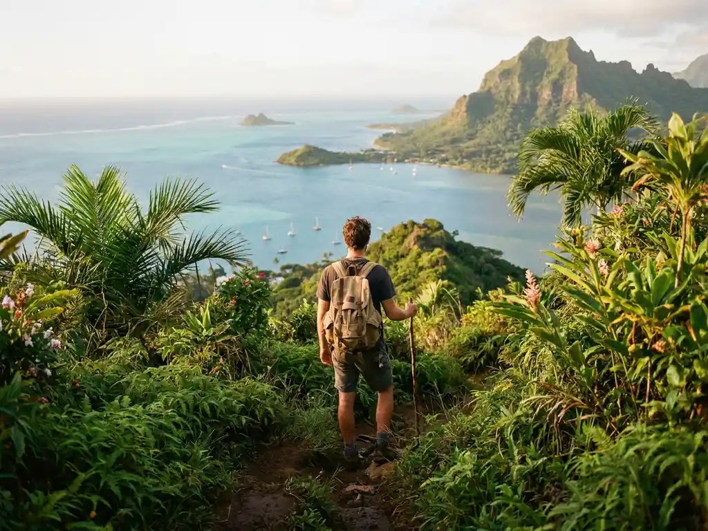 Wandelaar met rugzak op vulkanisch junglepad in Martinique, met uitzicht op turquoise Caribische baai omlijst door varens en palmbladeren.